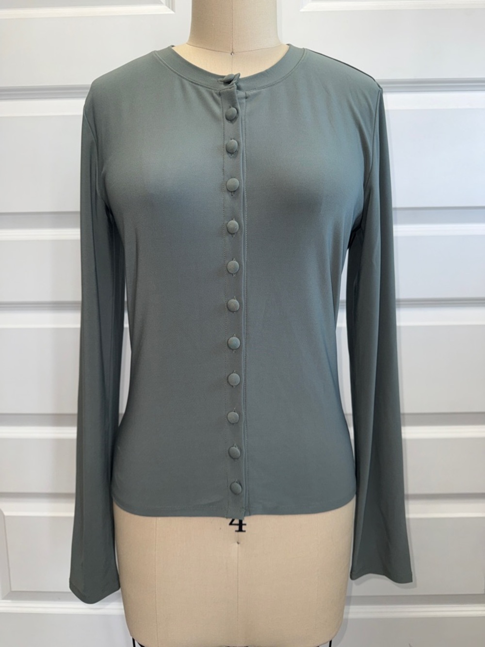 Stretch Classic Long-Sleeve Button Front Top - Slate Green